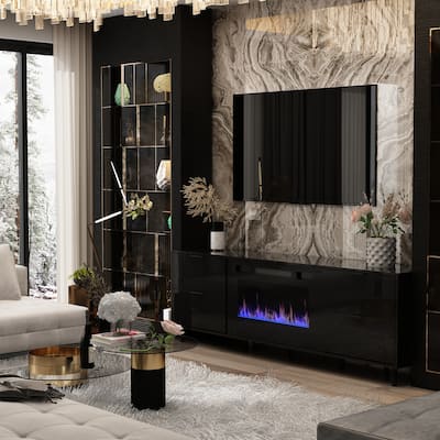 TV Stand with Integrated Electric Fireplace - 12 Flame Modes Cosole