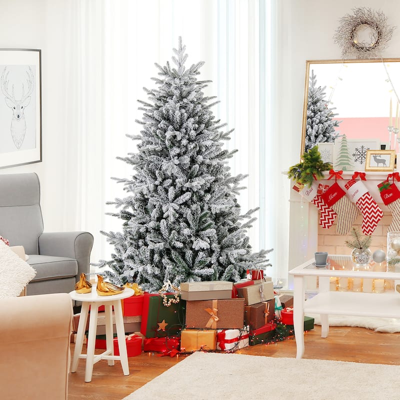 Gymax 4.5/6/7 FT Pre-Lit Artificial Christmas Tree Snow Flocked Full - 6 Foot