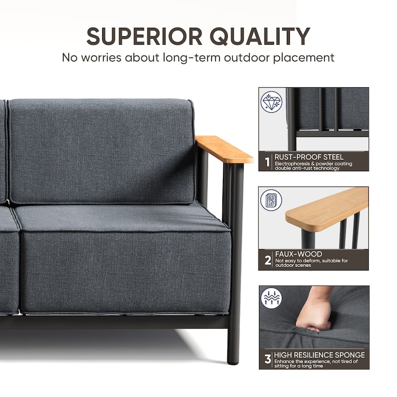 Puffin 3-Seat Outdoor Sofa with Metal Frame and 10-Inch Thick Cushions and ottomans