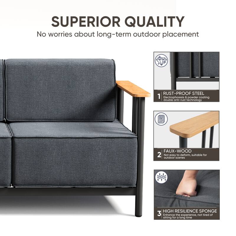 Puffin 3-Seat Outdoor Sofa with Metal Frame and 10-Inch Thick Cushions