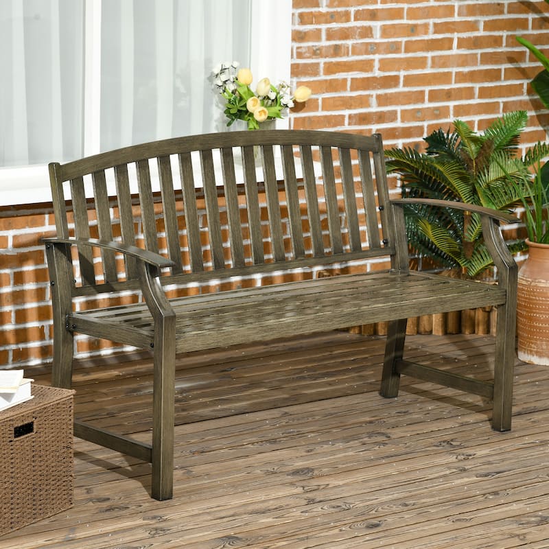 Outsunny 46" Outdoor Garden Bench, Metal Bench, Wood Look Slatted Frame Furniture for Patio - Black