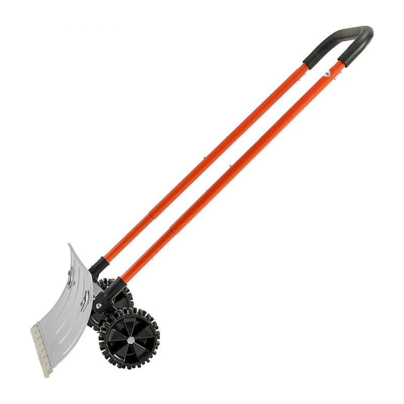 24 Inch Push Snow Shovel with Wide Blade Sturdy Frame and Anti-Slip Wheels for Driveway Yard or Sidewalk