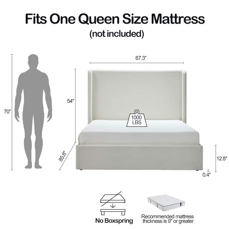Christopher Knight Home - Carmen Upholstered Wingback Platform Bed Frame, Textured Ivory Chenille, No Box Spring Needed