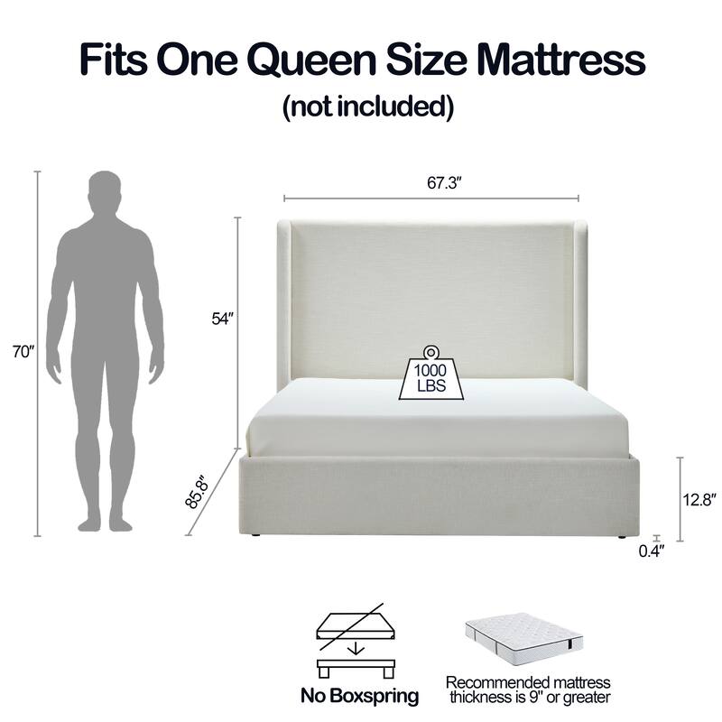 Queen Size Upholstered Wingback Bed with 54" Tall Headboard and Noiseless Metal Frame