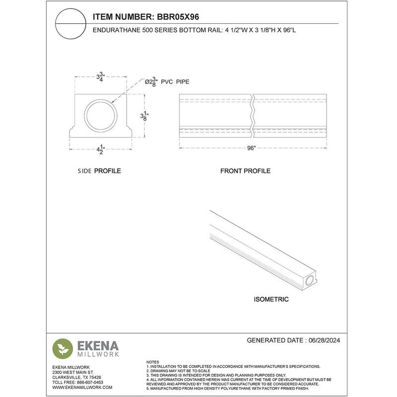 Endurathane 500 Series Bottom Rail, Factory Primed Polyurethane