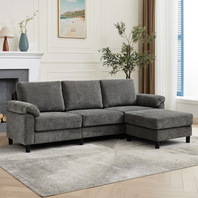 90" L-Shaped Chenille Upholstered 3-Seater Sofa Couch Sectional Sofa with Ottoman