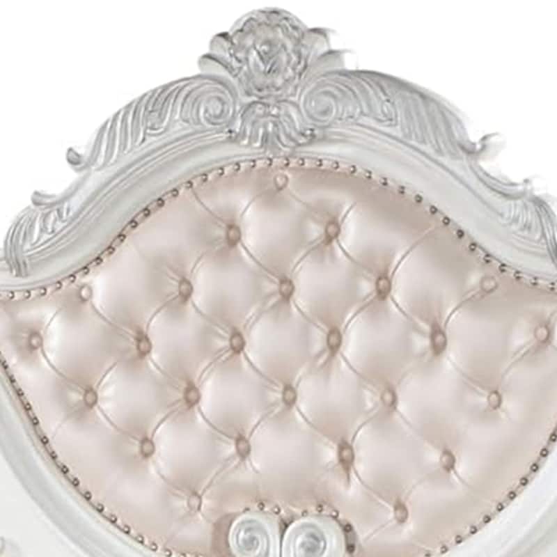 Prio King Bed with Carved Details, White Button Tufted Faux Leather