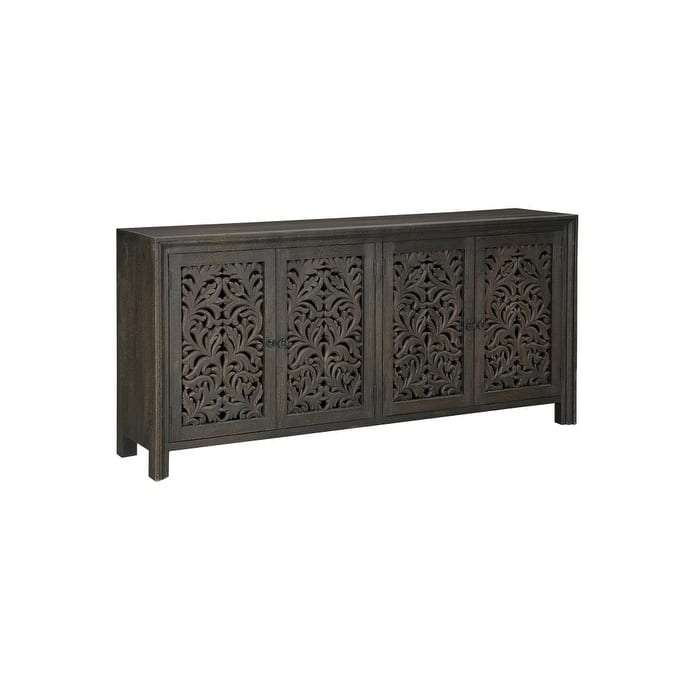 HomeRoots 78" Black Distressed Solid Wood Carved Floral Sideboard with Four Doors - 78.00 in. x 36.00 in. x 16.00 in.