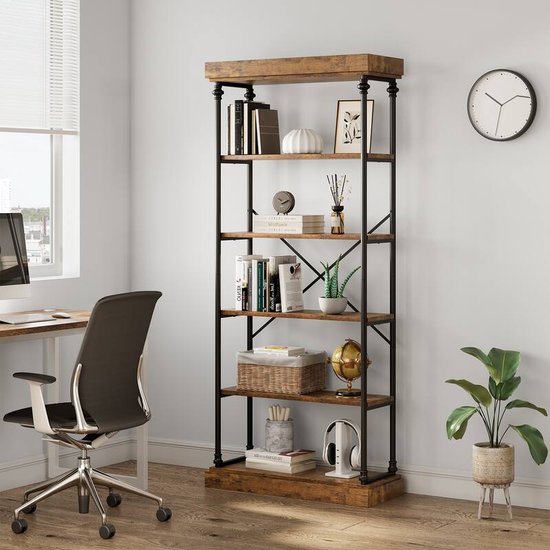 Bookshelf Industrial Bookcase 6 Tier Wood Storage