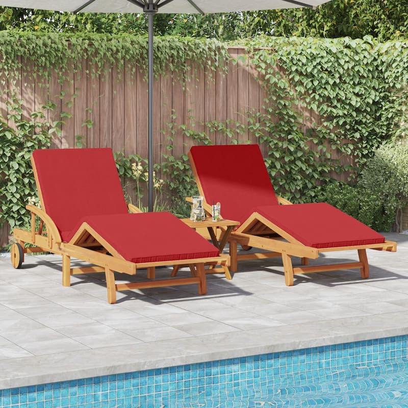 vidaXL Sun Loungers 2 pcs with Cushions and Wheels Red Solid Wood Acacia - 78.7 x 26.4 x 33.1