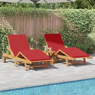 vidaXL Sun Loungers 2 pcs with Cushions and Wheels Red Solid Wood Acacia - 78.7 x 26.4 x 33.1