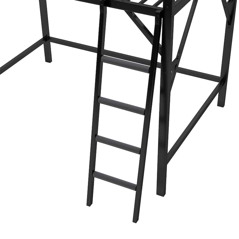Metal Loft Bed with Ladder and Shelves