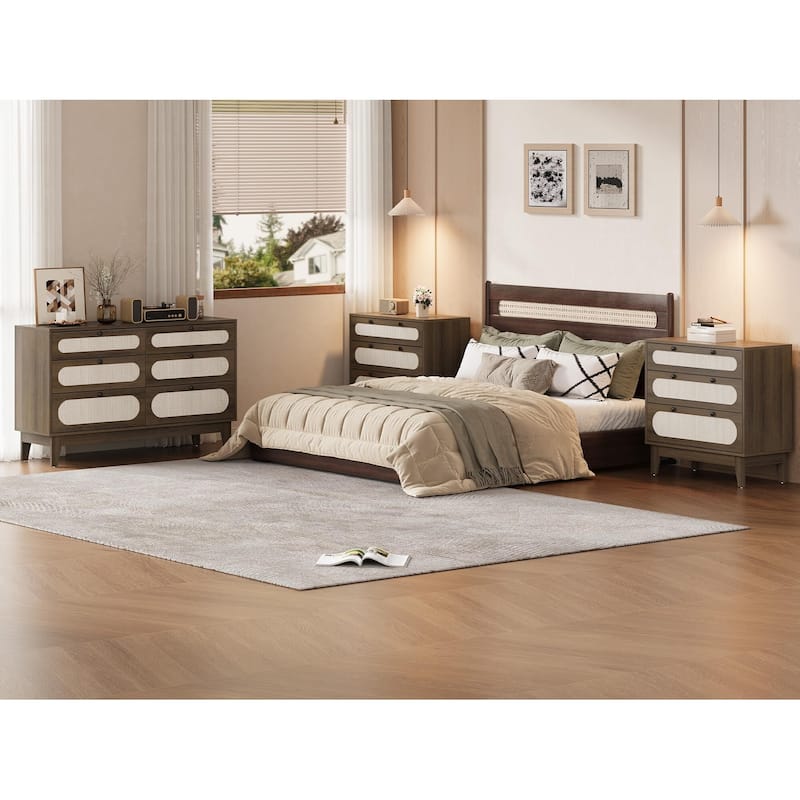 Rattan Drawer Dresser, 3 Wood Drawers Storage Cabinet Dresser for Bedroom, Living Room,Hallway