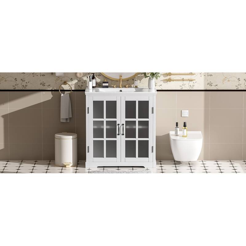 30"Bathroom Vanity with Ceramic Sink, Tempered Blurred Glass and Matte Black Handles, Large Storage Space and Rubber Wood Frame