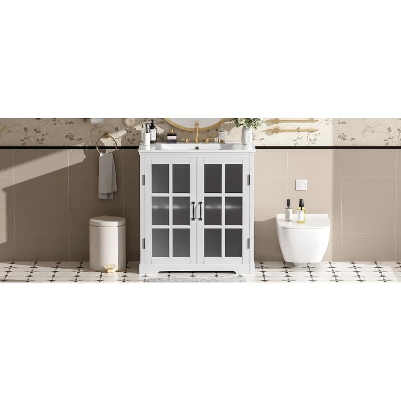 30"Modern Bathroom Vanity with Ceramic Sink,with Tempered Blurred Glass and Handles,Equipped with Large Storage Space