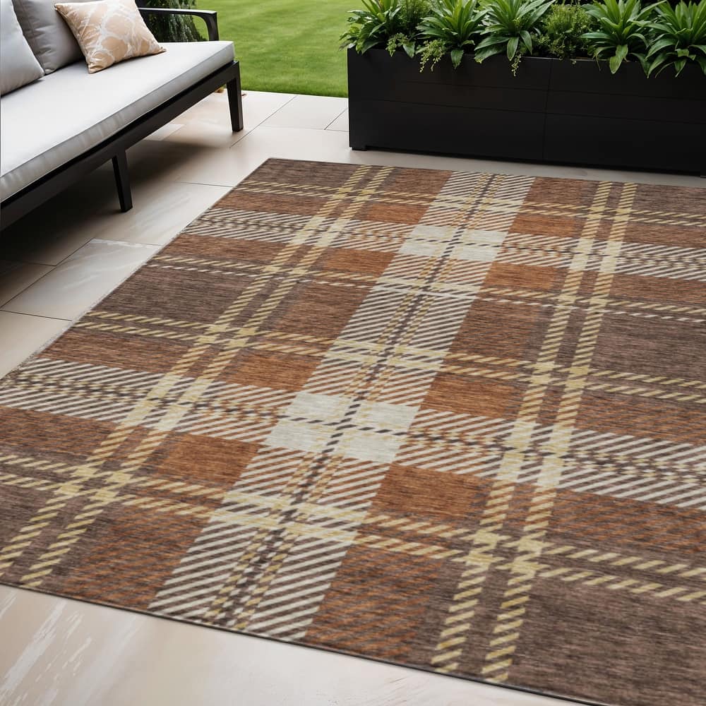 HomeRoots Plaid Transitional Rectangle Outdoor Rug