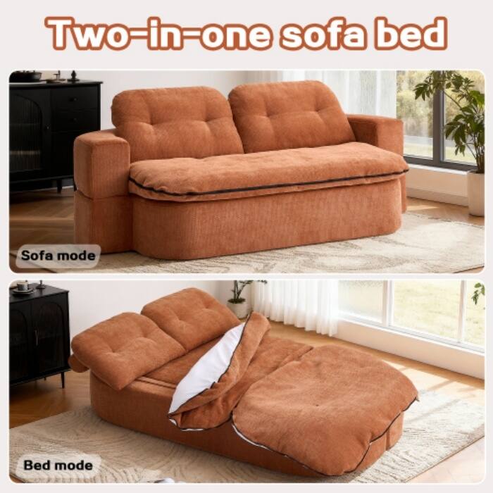Modern Convertible Floor Sofa Bed with Corduroy Cushion, 2 Pillows & No Assembly - Caramel+Chenille