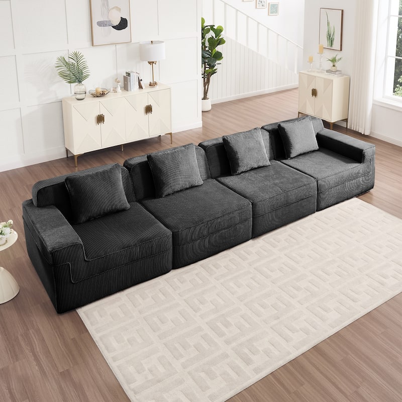 GDFStudio - Modular 4-Seater 153.5" Corduroy Boneless Cloud Sofa - Black