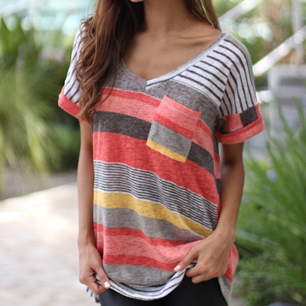 V-Neck Short Sleeve Block Stripe Tee, Mult. Colors, Xs-5X