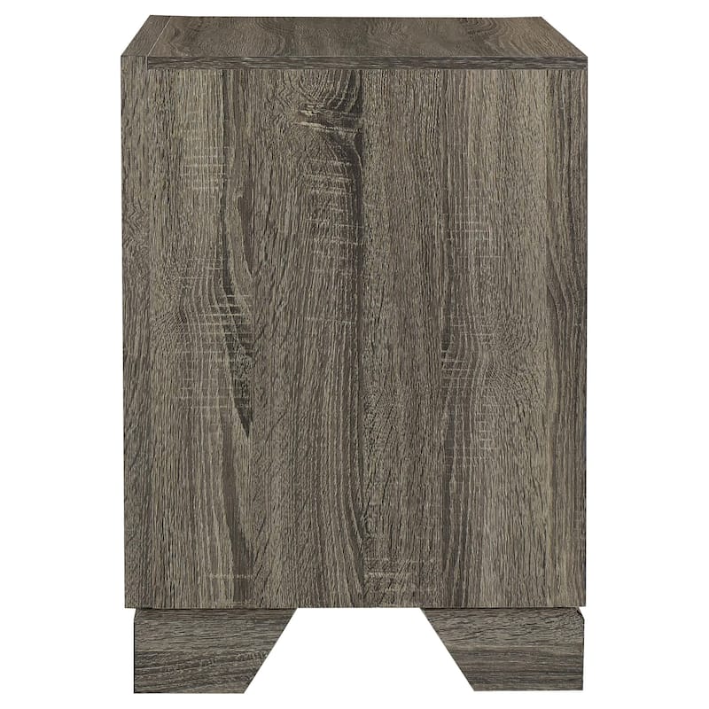 Reay Nightstand, Brown Oak Finish, 2 Drawers Silver Metal Bar Handles