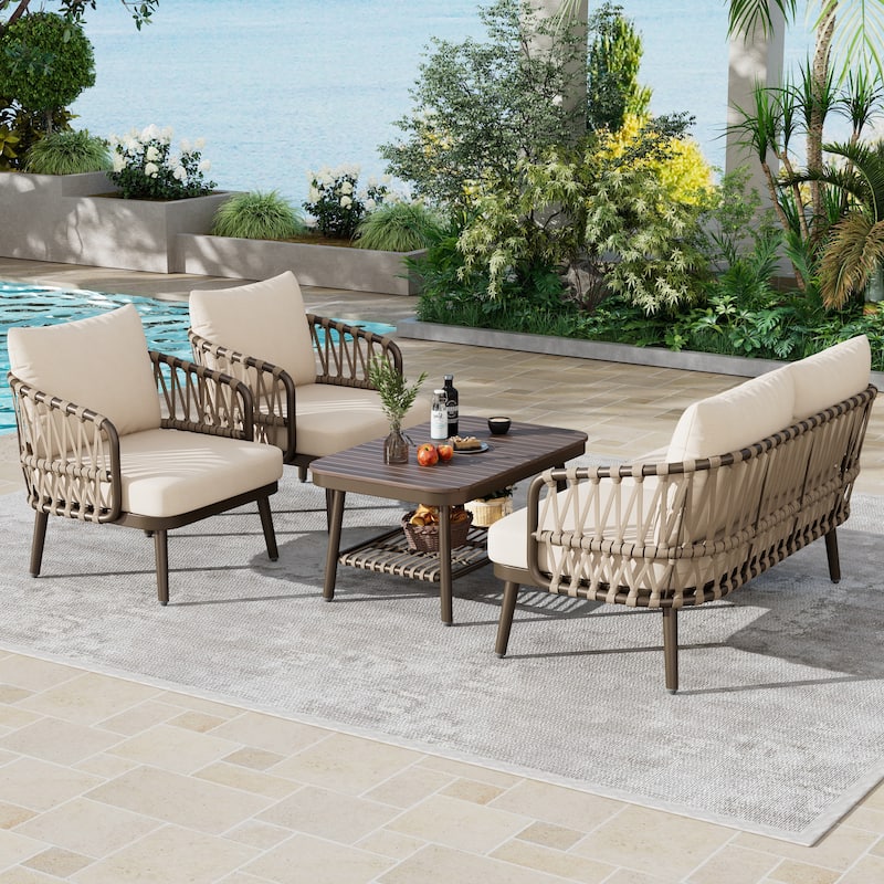 4-Piece Outdoor Patio Furniture Set, All Weather Sectional Furniture Set with Woven Rope Chairs and Coffee Table
