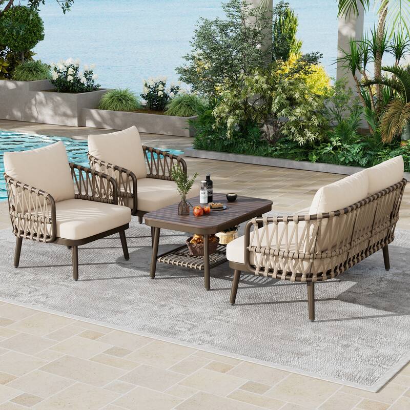Roomfitters 4-Piece Outdoor Patio Conversation Set with Woven Rope Backrest, Cushions and Metal Frame Chairs