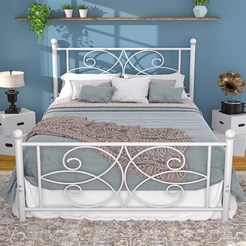 VECELO Metal Bed Frame with High Headboard and Footboard, Platform Beds with Heavy Duty Mattress Foundation - White - Full
