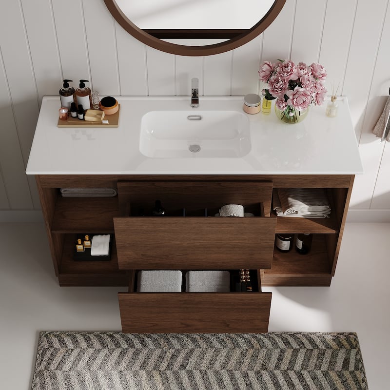 47"Mid Century Single Bathroom Vanities with Sink, White Vanities with 2 Drawers and 4 Shelves