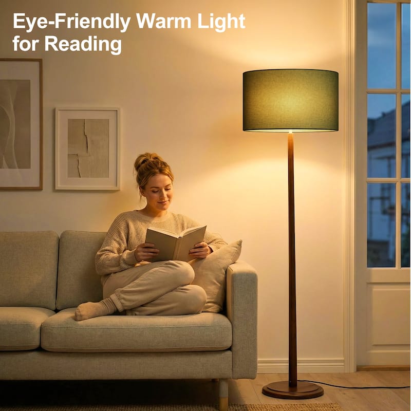 61" Walnut Wood Floor Lamp with Linen Drum Shade, Standing Lamp with Foot Step ON/OFF Switch (Bulb Not Included)