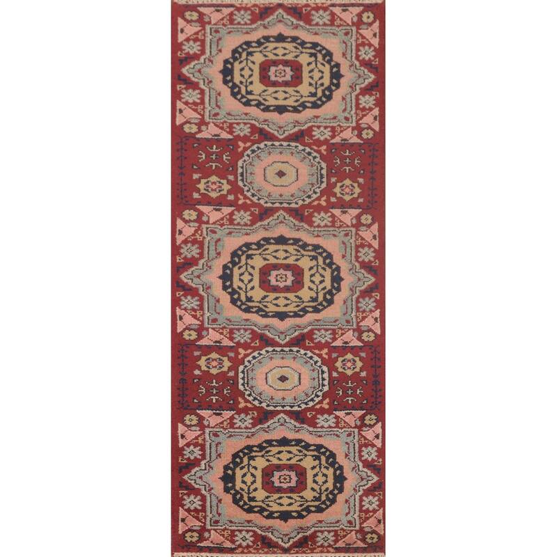 Geometric Red Kazak Oriental Runner Rug Handmade Wool Carpet - 2'5"x 8'1"