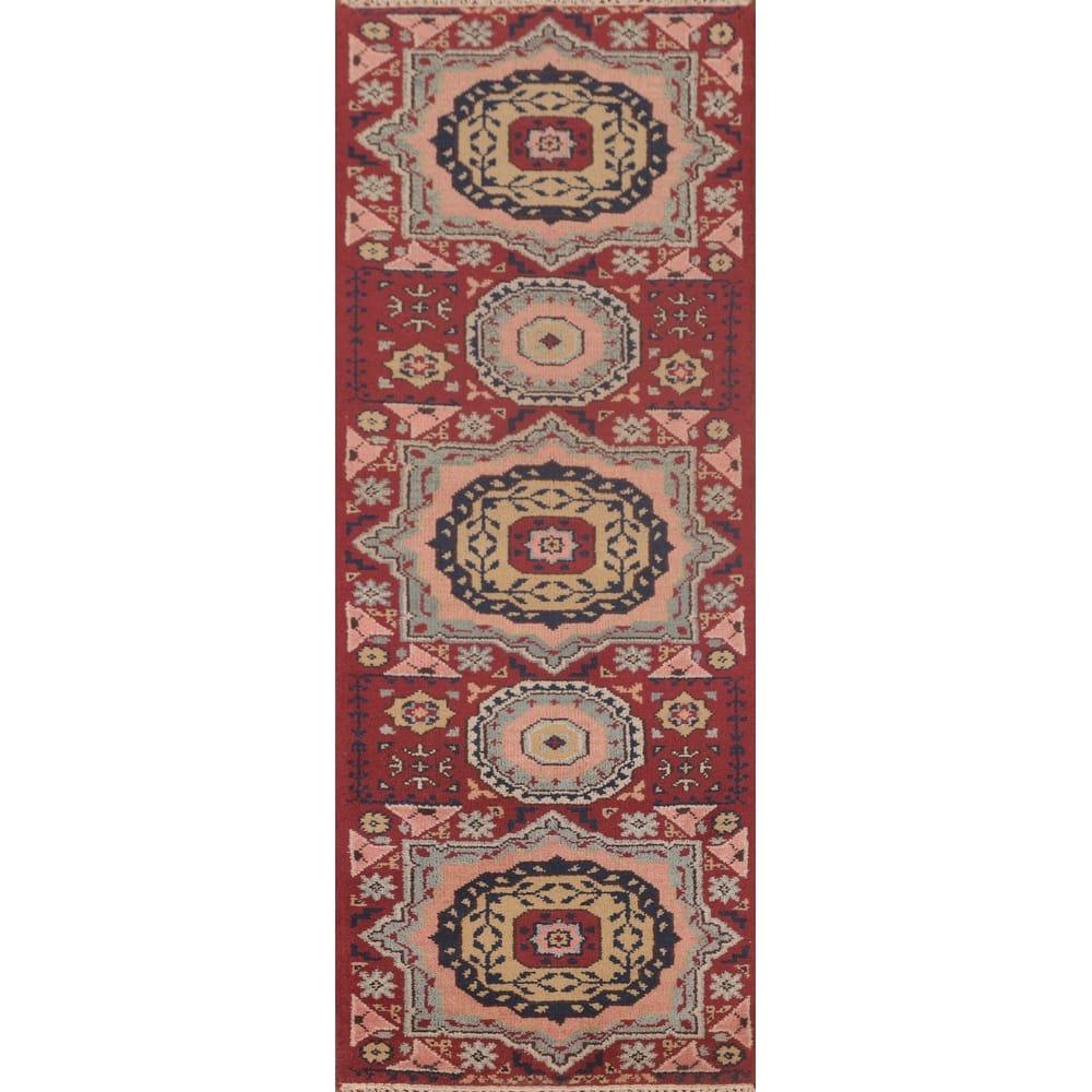 Geometric Red Kazak Oriental Runner Rug Handmade Wool Carpet - 2'5"x 8'1"