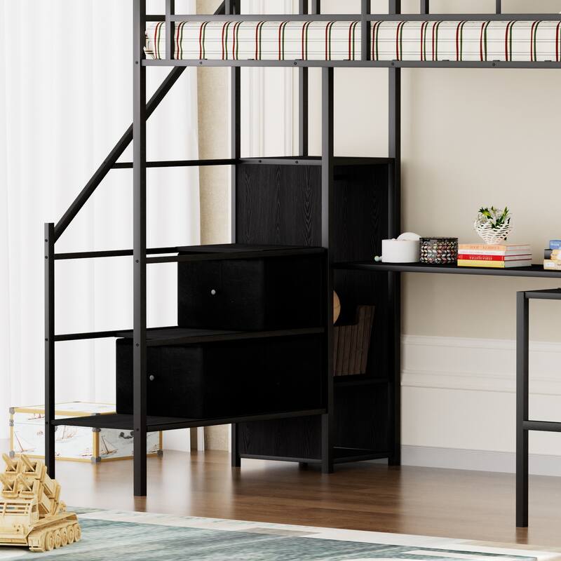 Full Size Metal Loft Bed with L-shaped Desk,LED Lights,Charging Cradle,2 Fabric Drawers,Safety Rails and Ladder