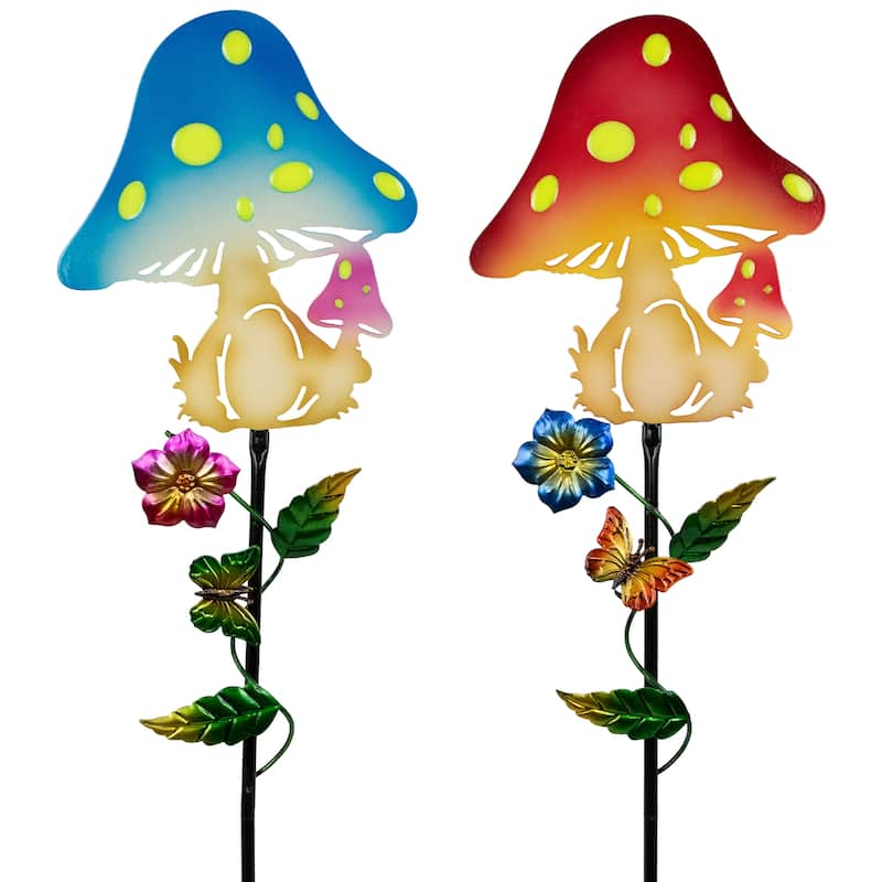 Solar Powered Mushroom Outdoor Garden Stakes - 36" - Set of 2 - Multi
