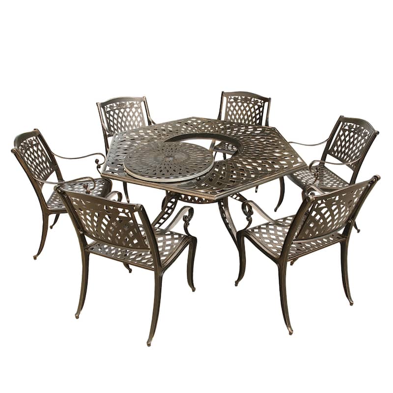 Lattice 63 inch Hexagon Dining Set with Lazy Susan and Six Chairs - Bronze