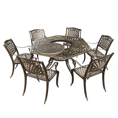 Lattice 63 inch Hexagon Dining Set with Lazy Susan and Six Chairs