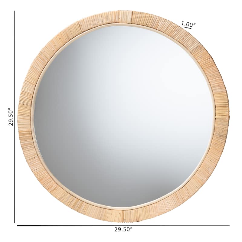 Bella Modern Bohemian Natural Brown Mahogany Wood and Natural Rattan Round Mirror - Natural Brown