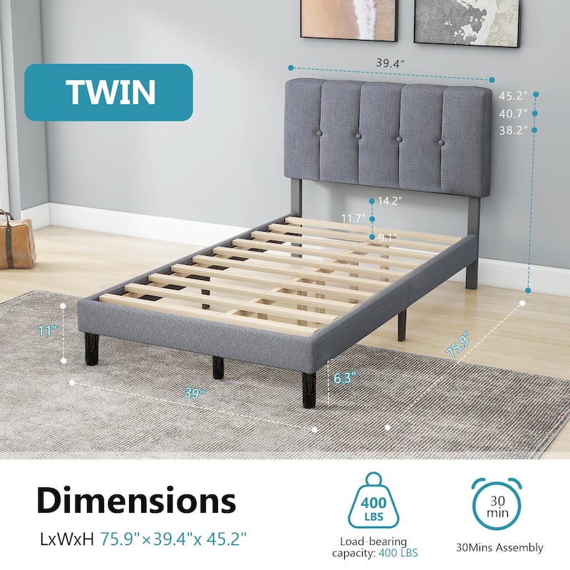 Full Size Platform Bed Frame with Fabric Upholstered Headboard and Wooden Slats Support, No Box Spring Needed/Easy Assembly
