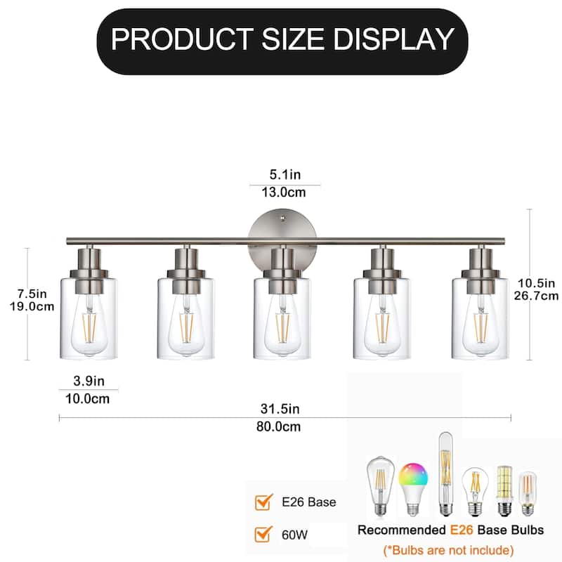 5-Light Bathroom Light Fixtures, Brushed Nickel Modern Vanity Lights Over Mirror with Clear Glass Shade, Bathroom Wall Lamp