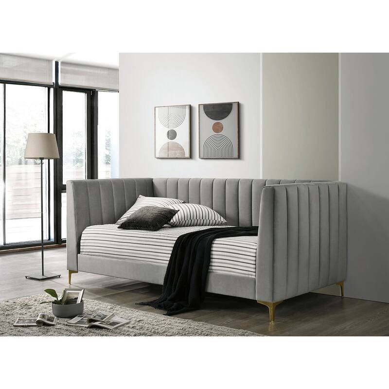 Contemporary Light Gray Tuxedo Daybed with Gold Metal Legs & Channel Tufting