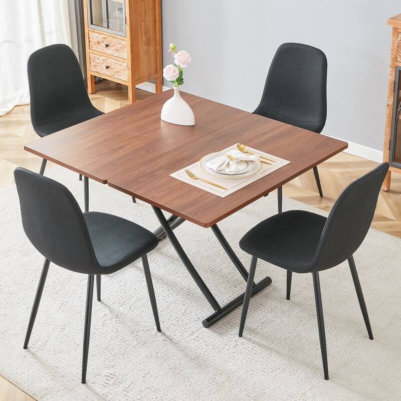 5-Piece Modern Lift Top Dining Table Set, Square Folding Wood Table with Metal Legs & 4 Linen Chairs for Small Spaces - Black,Walnut