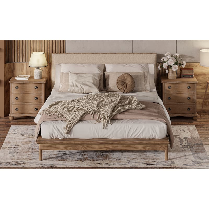 COZAYH Farmhouse 3 Drawer Nightstand with Distressed Wood Finish, Rustic Vintage Dresser with Curved Front Design