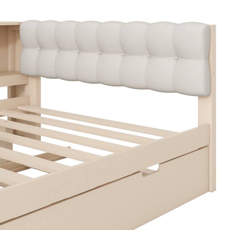Wood Full/Twin Platform Bed with Storage Shelves, Trundle, Charging Station & Upholstered Headboard
