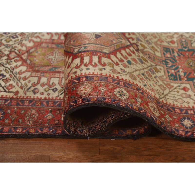 Hand Knotted Oriental 100% Wool Carpet Traditional Geometric Beige & Ivories Heriz Runner Rug - 10' 7'' X 3' 3''