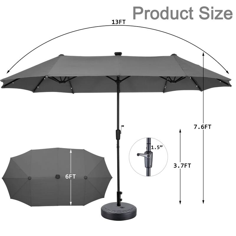 Ainfox 13ft Double-sided Patio Umbrella Solar LED Lighted Outdoor Martet Umbrella with Base