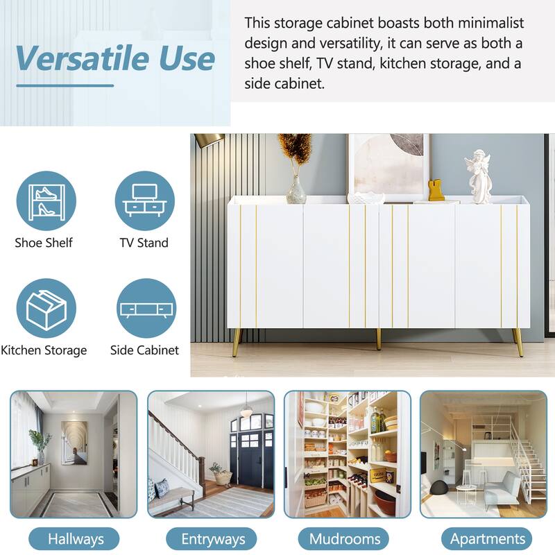 Wood Shoe Cabinet for Entrance, Modern Narrow Cabinet with Gold Metal Legs, Adjustable Shelves, Decorative Hallway Console