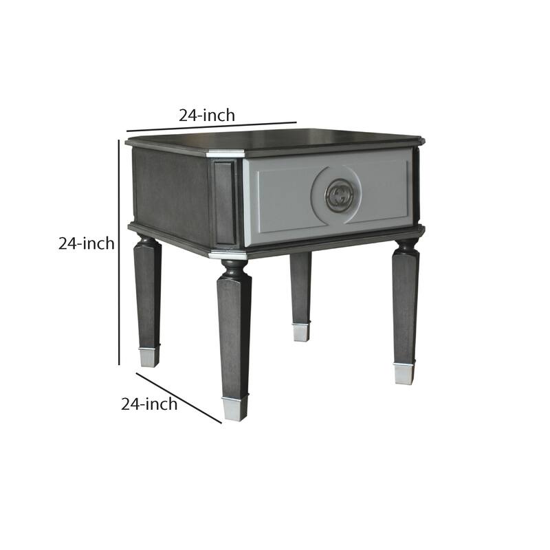 MDF End Table with 1 Drawer and Turned Tapered Legs, Gray and Silver