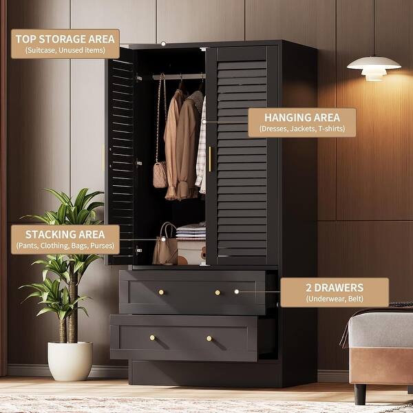 Armoire Closet with 2 Shutter Doors,Hanging Rods and 2 Drawers - Bed Bath &  Beyond - 42927075