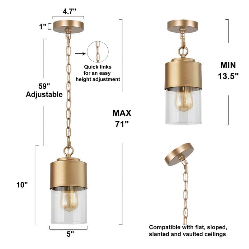 Velus Modern Glam Gold 1-light Glam Mini Pendant Lights Glass Kitchen Ceiling Lights for Dining Room - D5'' x H71''