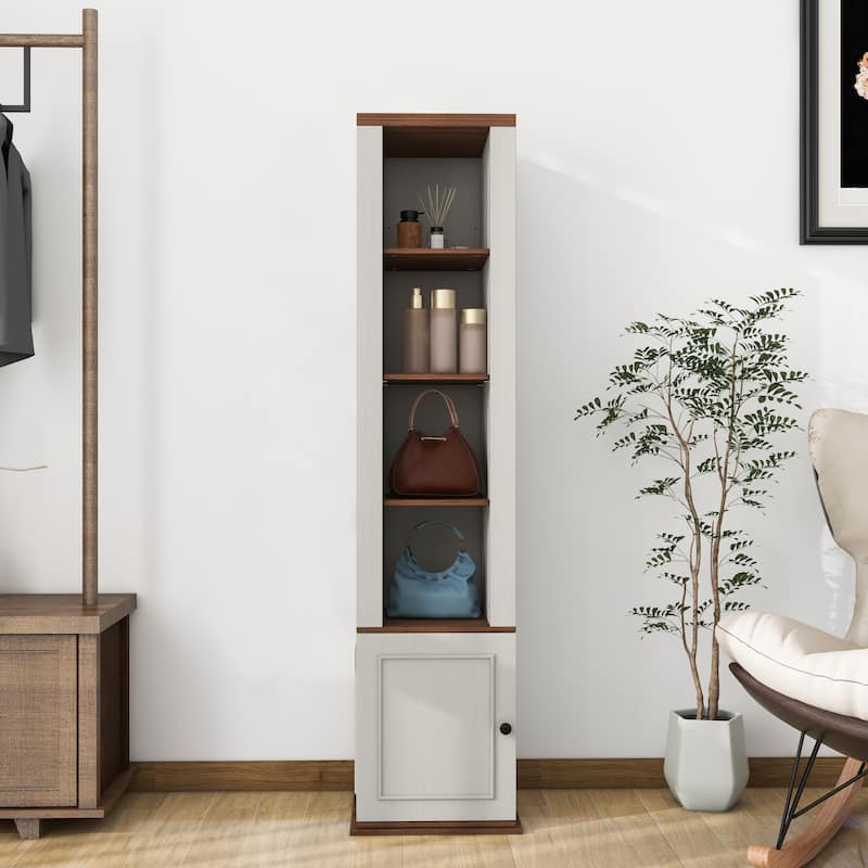 360°Rotating Storage Cabinet with Full-Length Mirror,total of 8 open shelves on both sides,One Side Hooks,1 Door with a Shelve