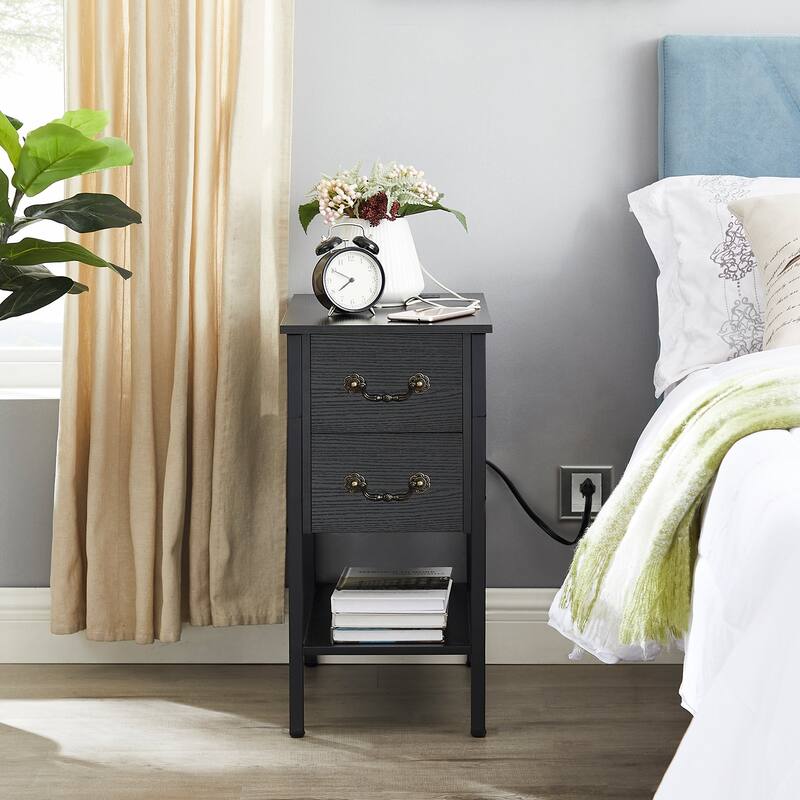 End Table with Charging Station, Narrow Chairside Table with Drawers & USB Ports & Power Outlets, Nightstand for Small Spaces